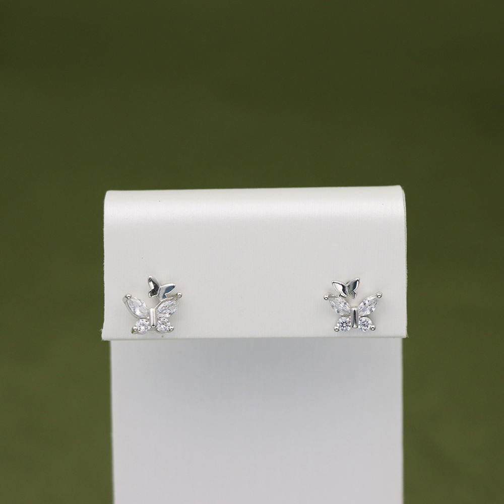 S925 Sterling Silver Fine Silver Bowknot Zirconia Stud Earrings - Double Butterfly Design