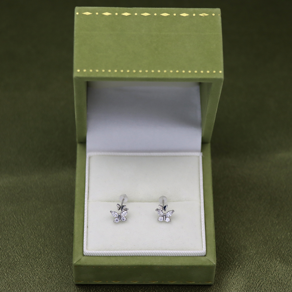 S925 Sterling Silver Fine Silver Bowknot Zirconia Stud Earrings - Double Butterfly Design