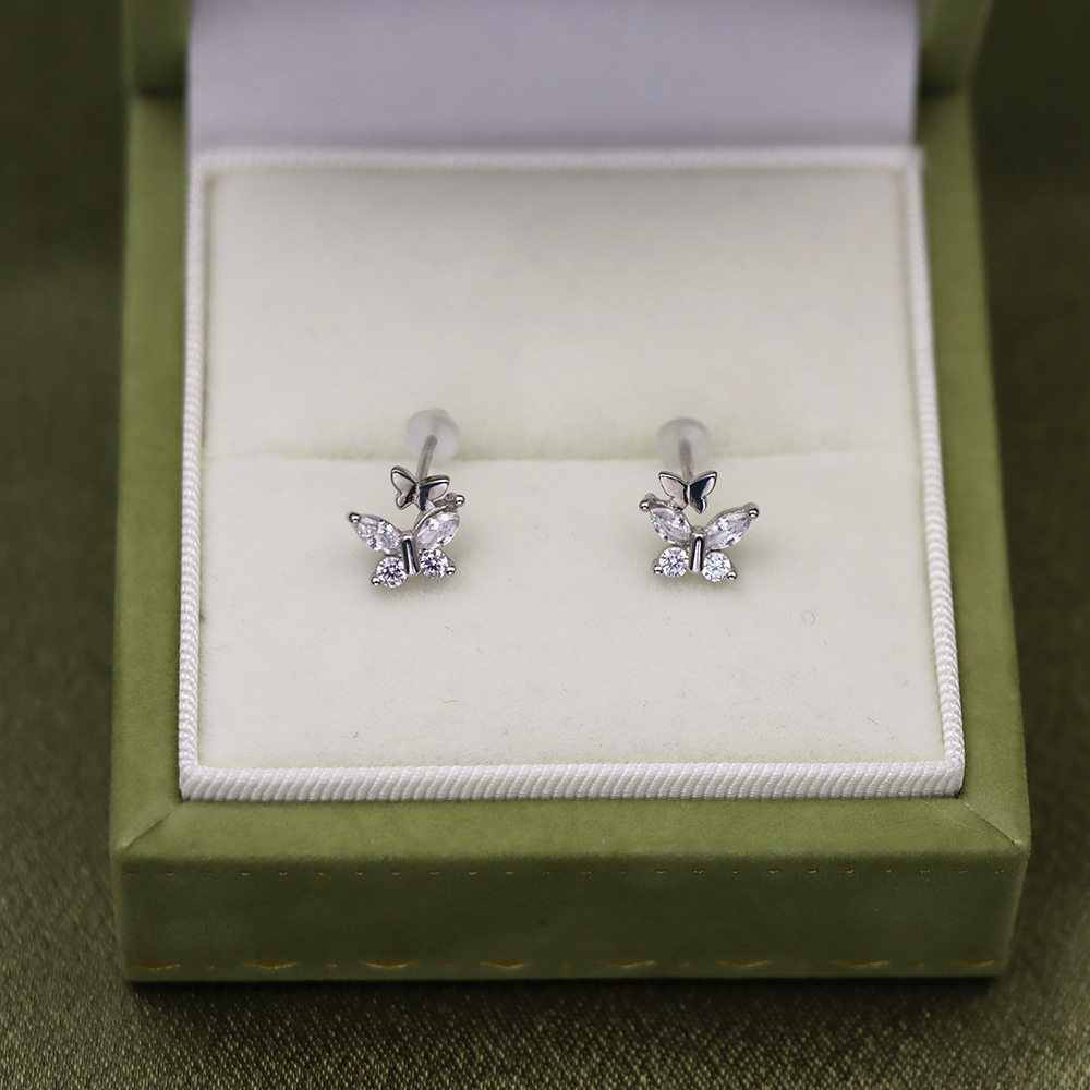 S925 Sterling Silver Fine Silver Bowknot Zirconia Stud Earrings - Double Butterfly Design