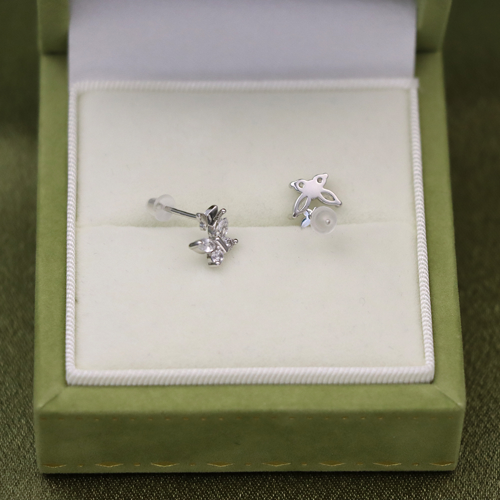 S925 Sterling Silver Fine Silver Bowknot Zirconia Stud Earrings - Double Butterfly Design