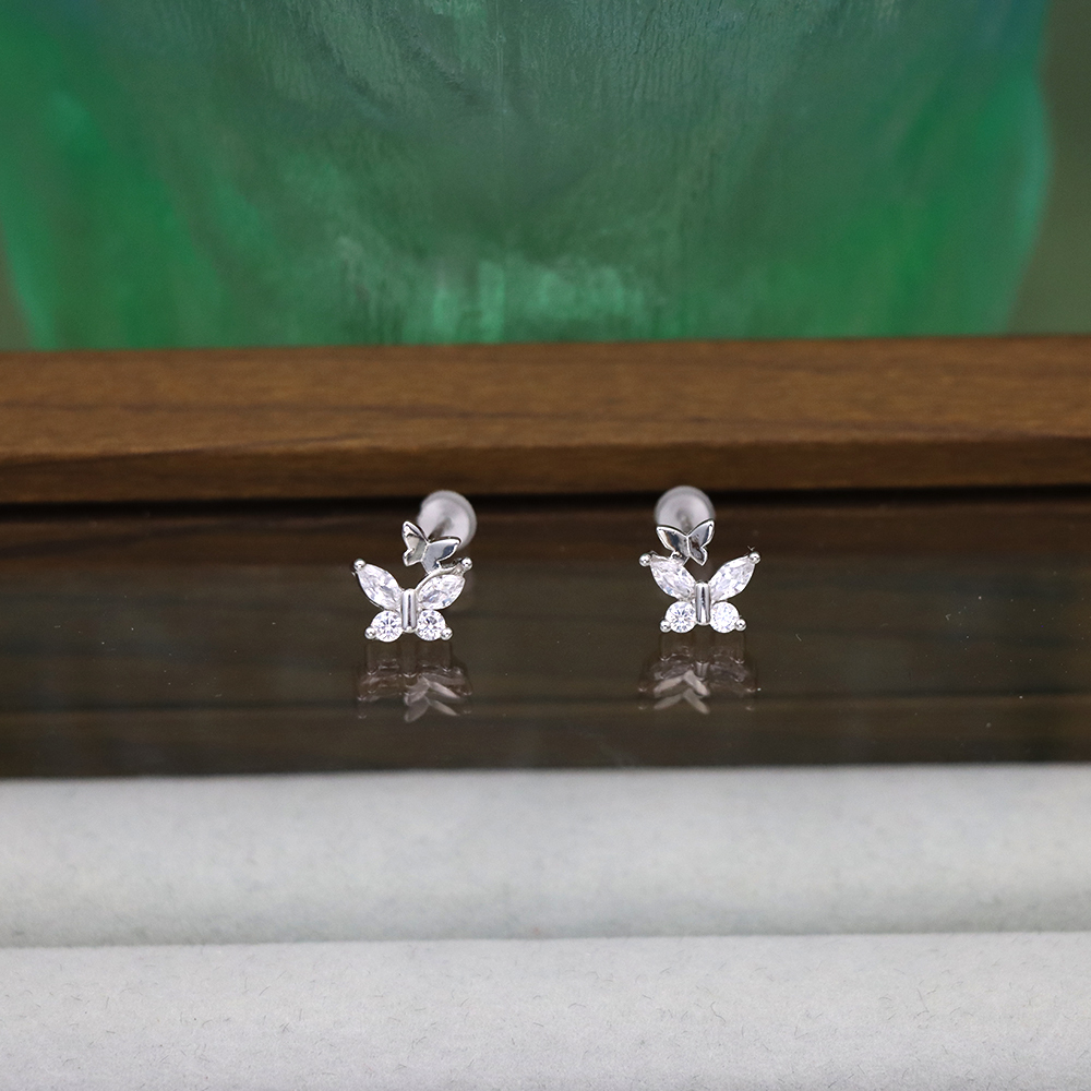 S925 Sterling Silver Fine Silver Bowknot Zirconia Stud Earrings - Double Butterfly Design