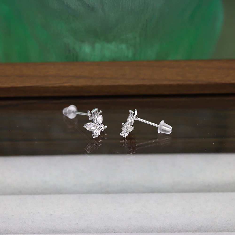 S925 Sterling Silver Fine Silver Bowknot Zirconia Stud Earrings - Double Butterfly Design