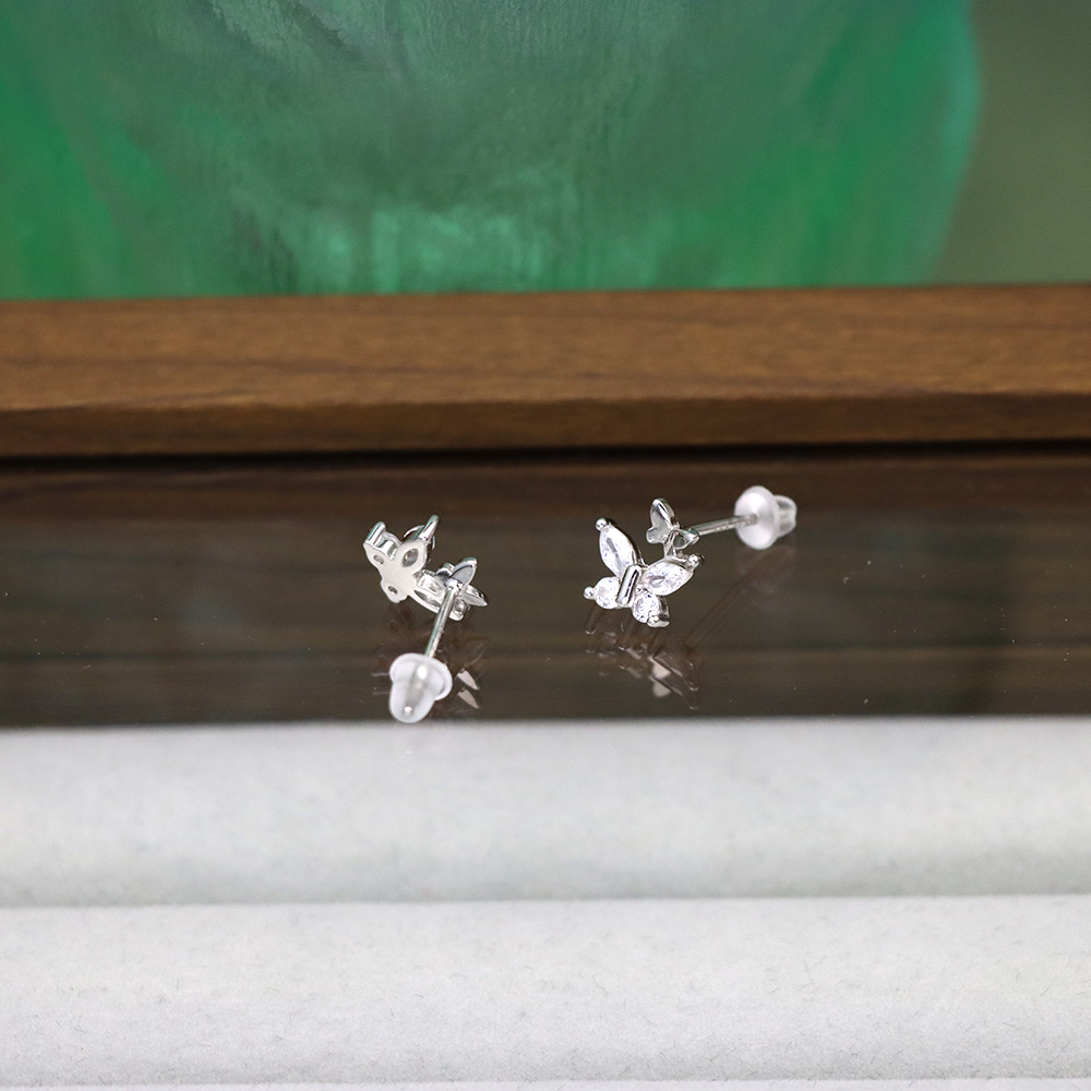S925 Sterling Silver Fine Silver Bowknot Zirconia Stud Earrings - Double Butterfly Design