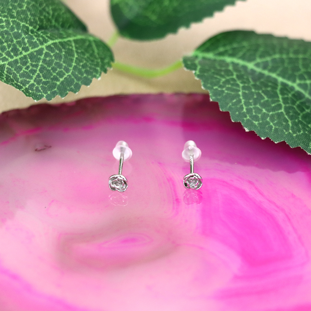 S925 Silver Rose Flower Stud Earrings with Micro-Paved Floral Design