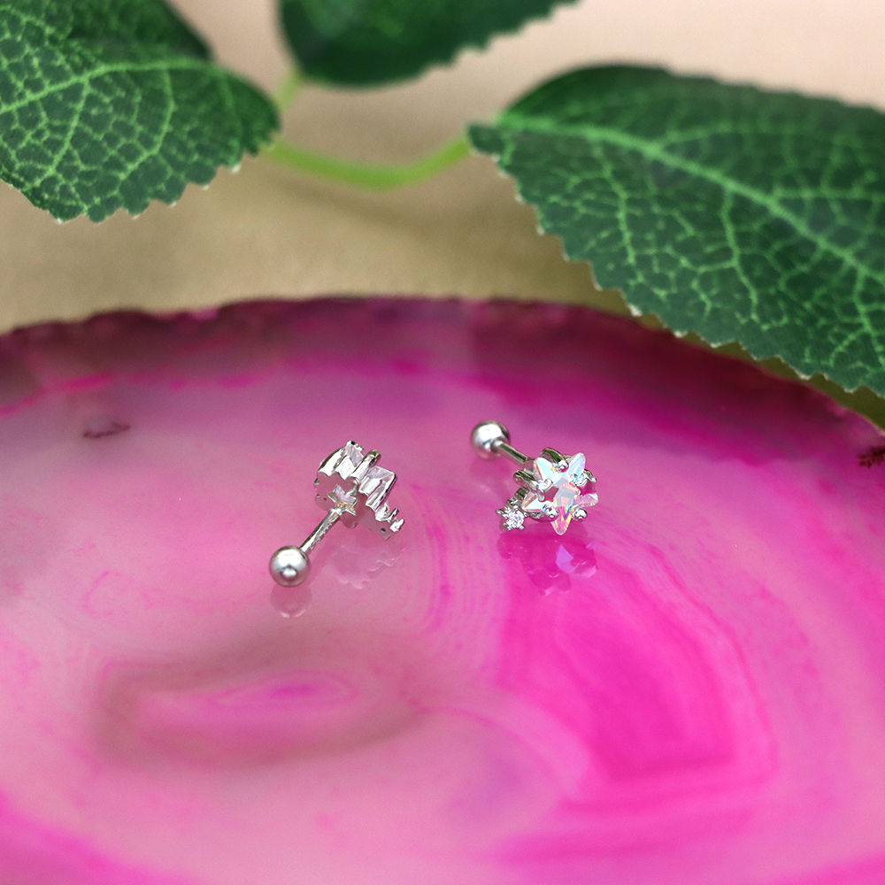S925 Sterling Silver Planet Ear Cuff Studs with Zirconia - Screw Back Earrings