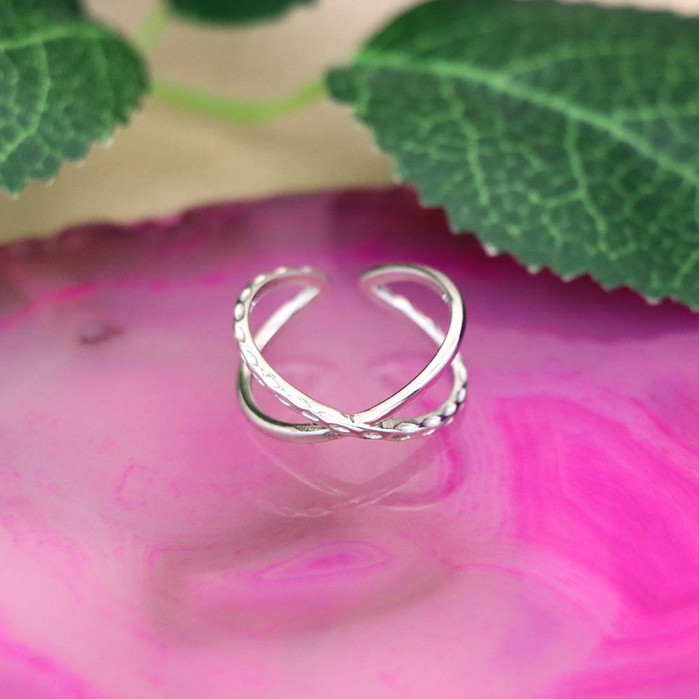 S925 Sterling Silver Geometric Open Adjustable Ring - Crossed Pointer Finger Band for Women - Minimalist Ring