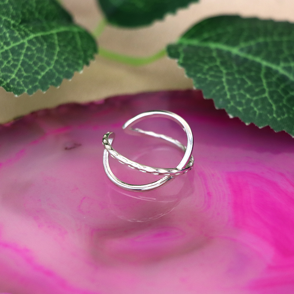 S925 Sterling Silver Geometric Open Adjustable Ring - Crossed Pointer Finger Band for Women - Minimalist Ring