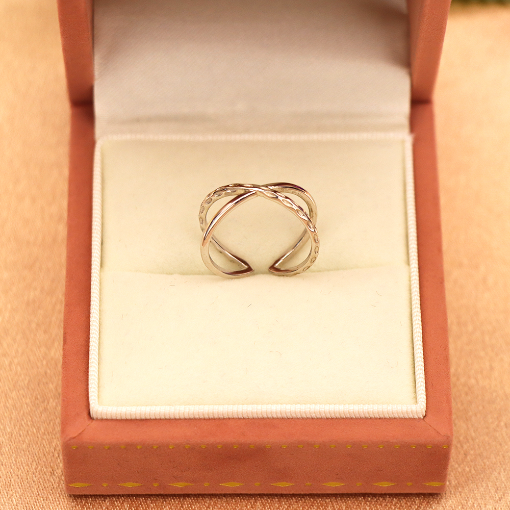 S925 Sterling Silver Geometric Open Adjustable Ring - Crossed Pointer Finger Band for Women - Minimalist Ring