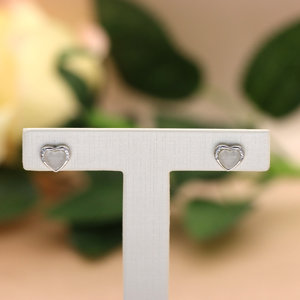 S925 Sterling Silver Heart Stud Earrings with Cat's Eye - Heart-Shaped Earrings