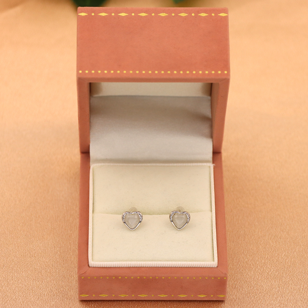 S925 Sterling Silver Heart Stud Earrings with Cat's Eye - Heart-Shaped Earrings