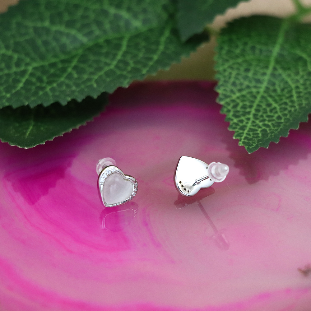 S925 Sterling Silver Heart Stud Earrings with Cat's Eye - Heart-Shaped Earrings