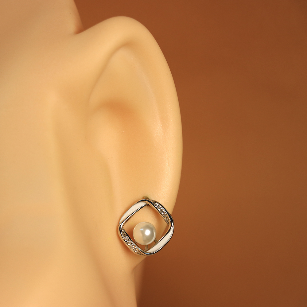 S925 Sterling Silver Pearl Stud Earrings – Geometric Design with Zirconia Accents