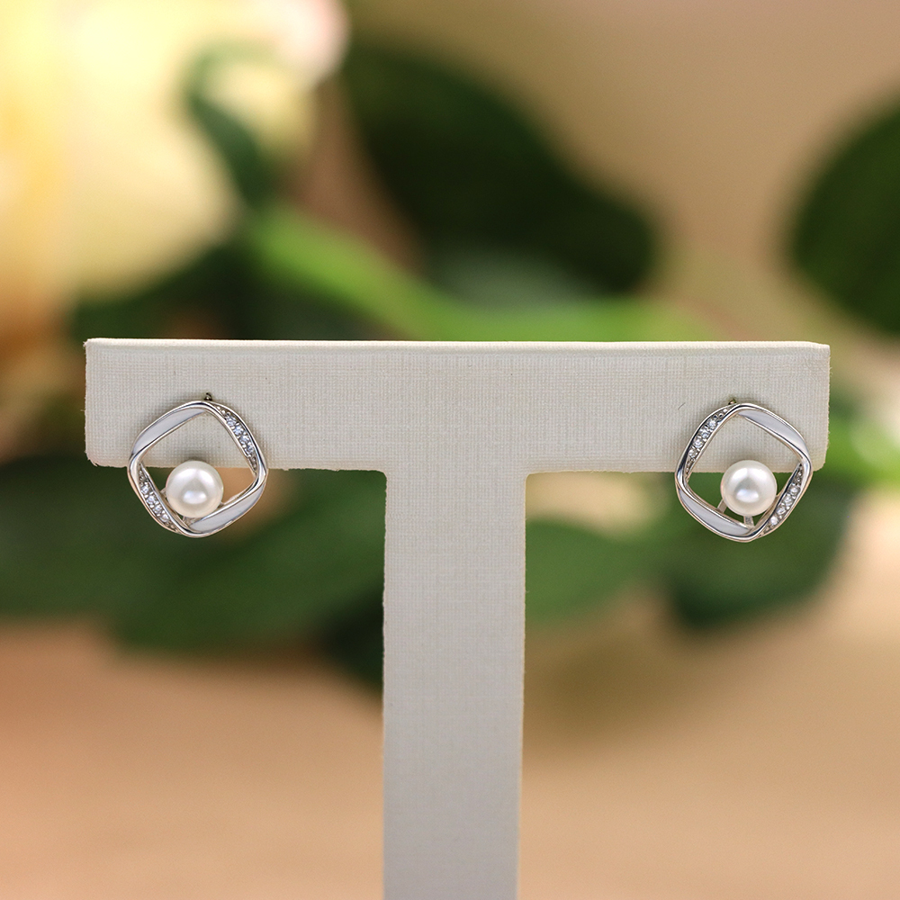 S925 Sterling Silver Pearl Stud Earrings – Geometric Design with Zirconia Accents