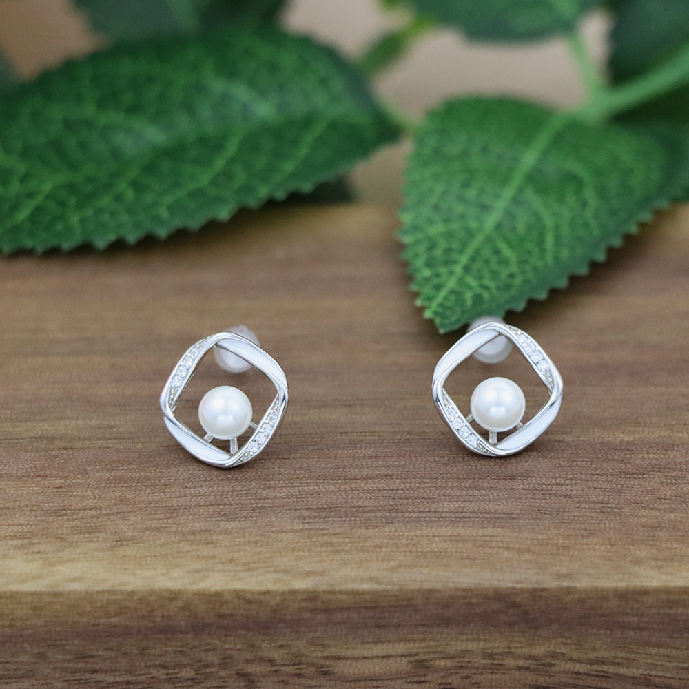 S925 Sterling Silver Pearl Stud Earrings – Geometric Design with Zirconia Accents