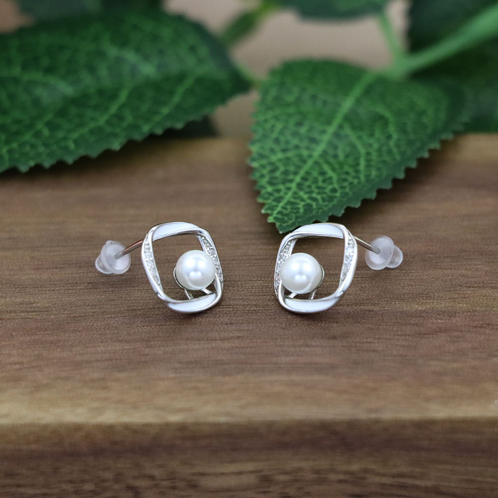 S925 Sterling Silver Pearl Stud Earrings – Geometric Design with Zirconia Accents