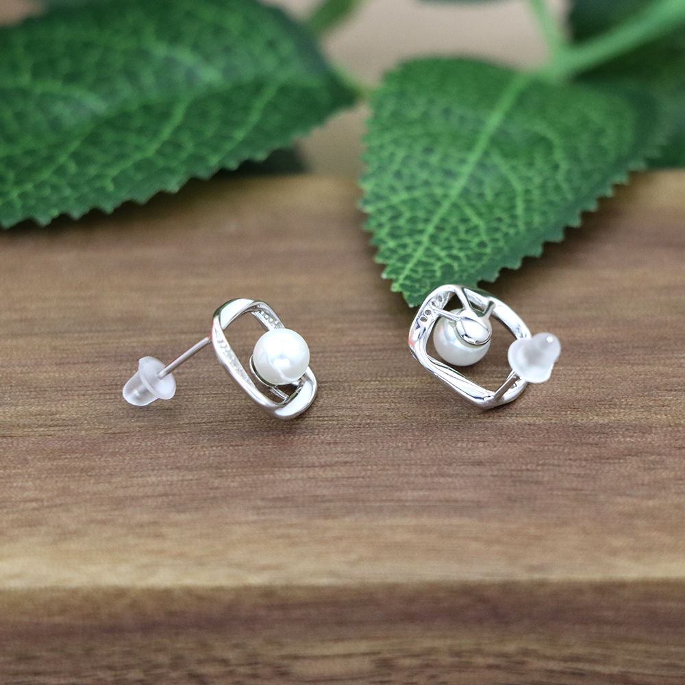 S925 Sterling Silver Pearl Stud Earrings – Geometric Design with Zirconia Accents