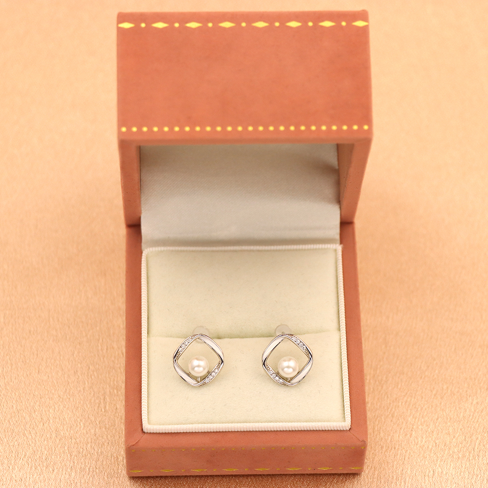 S925 Sterling Silver Pearl Stud Earrings – Geometric Design with Zirconia Accents