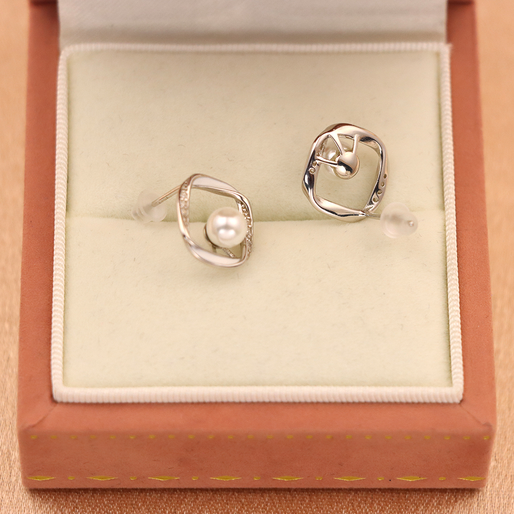 S925 Sterling Silver Pearl Stud Earrings – Geometric Design with Zirconia Accents