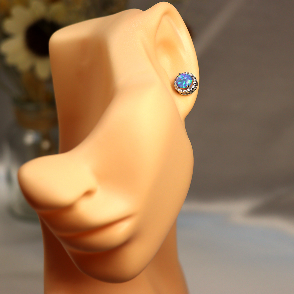 Blue Opal CZ Halo Stud Earrings in Sterling Silver – Sustainable Lab Opal Petite Studs