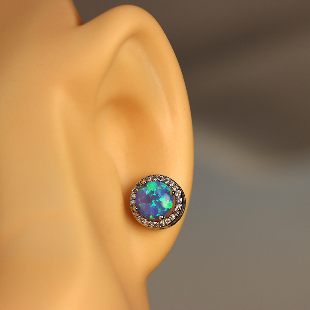 Blue Opal CZ Halo Stud Earrings in Sterling Silver – Sustainable Lab Opal Petite Studs