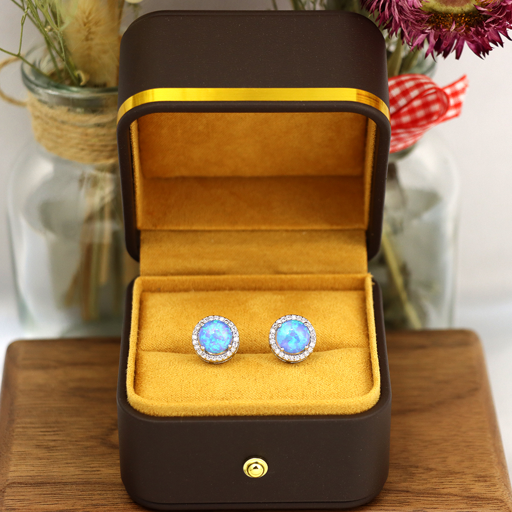 Blue Opal CZ Halo Stud Earrings in Sterling Silver – Sustainable Lab Opal Petite Studs