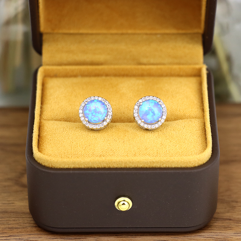 Blue Opal CZ Halo Stud Earrings in Sterling Silver – Sustainable Lab Opal Petite Studs