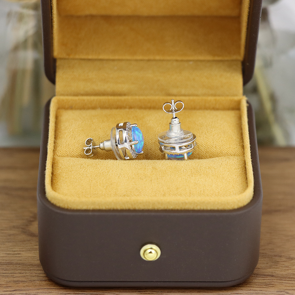 Blue Opal CZ Halo Stud Earrings in Sterling Silver – Sustainable Lab Opal Petite Studs