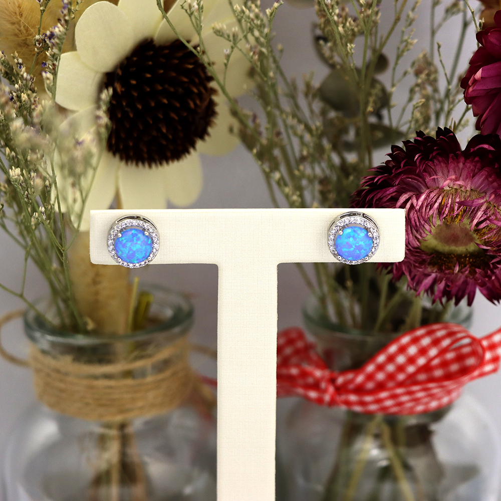 Blue Opal CZ Halo Stud Earrings in Sterling Silver – Sustainable Lab Opal Petite Studs