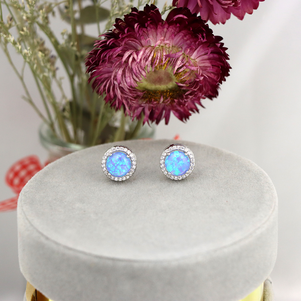 Blue Opal CZ Halo Stud Earrings in Sterling Silver – Sustainable Lab Opal Petite Studs