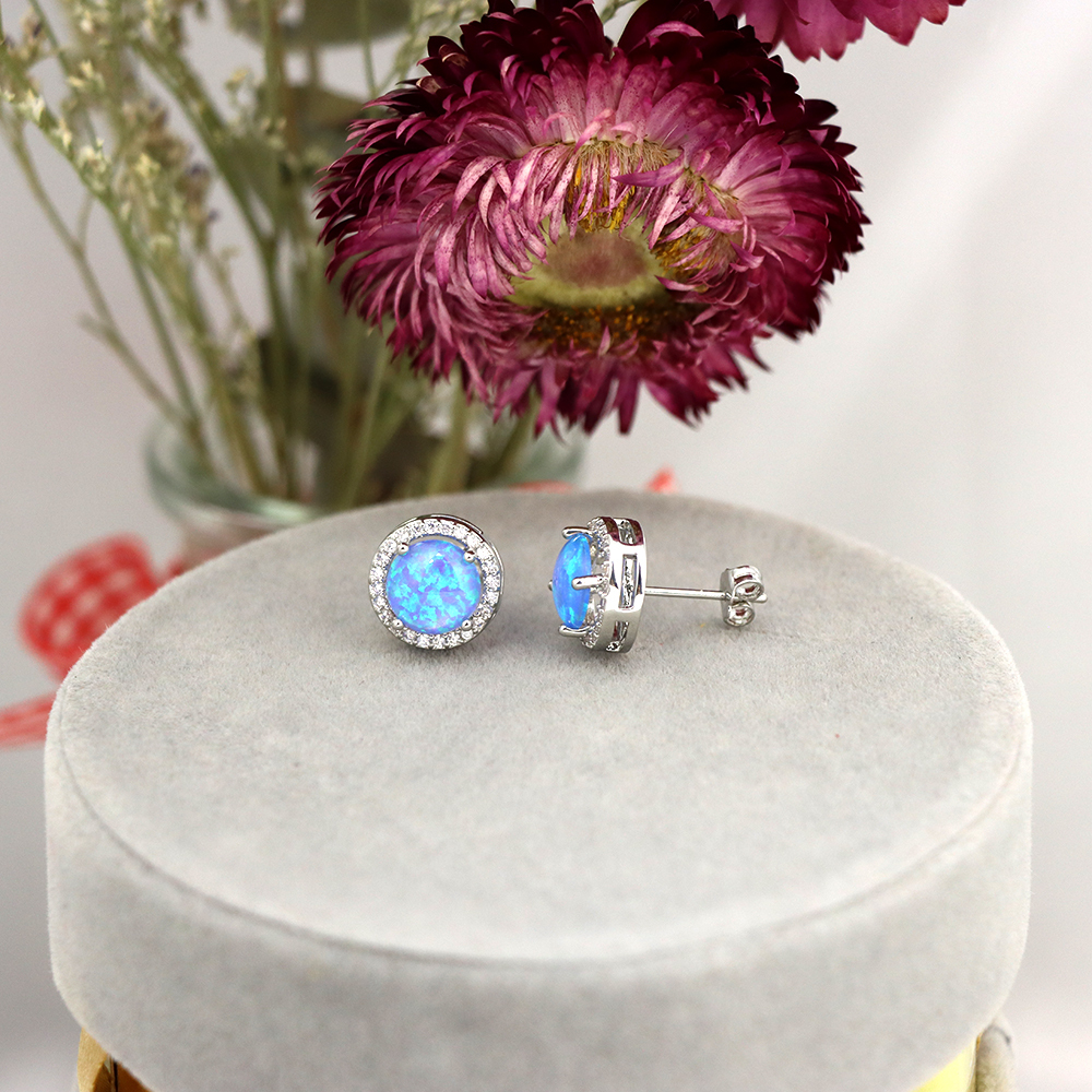 Blue Opal CZ Halo Stud Earrings in Sterling Silver – Sustainable Lab Opal Petite Studs