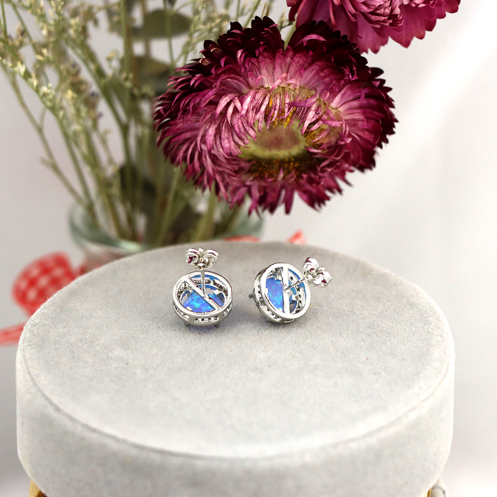 Blue Opal CZ Halo Stud Earrings in Sterling Silver – Sustainable Lab Opal Petite Studs