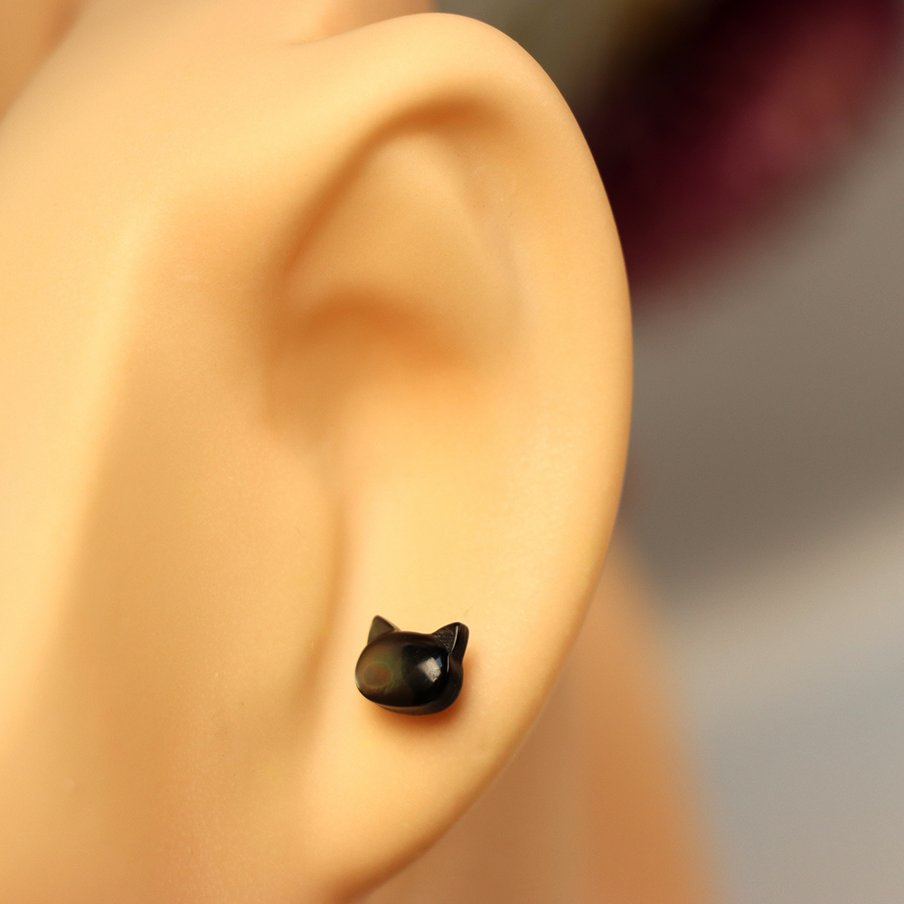 Hand-Carved White and Black Cat Stud Earrings – Natural Mother of Pearl Animal Earrings, Perfect Gift for Her or Mum