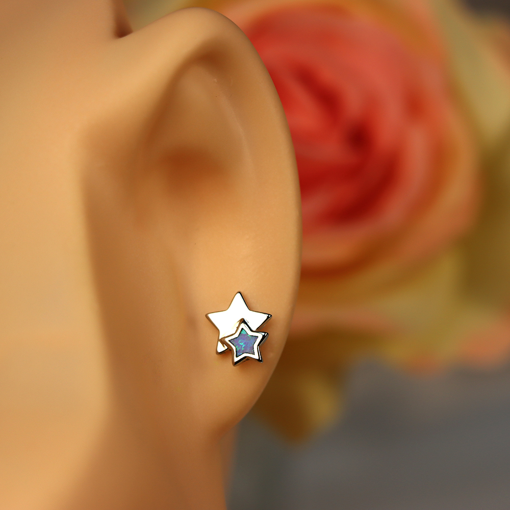 White Opal Double Star Stud Earrings in Sterling Silver – Fire Opal, Minimalist Geometric October Birthstone
