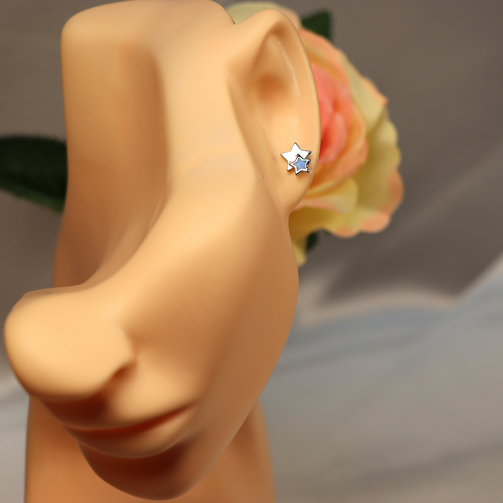 White Opal Double Star Stud Earrings in Sterling Silver – Fire Opal, Minimalist Geometric October Birthstone