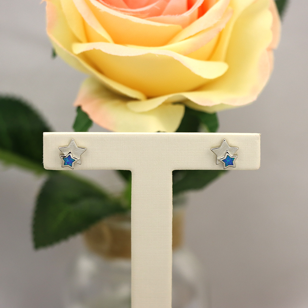 White Opal Double Star Stud Earrings in Sterling Silver – Fire Opal, Minimalist Geometric October Birthstone