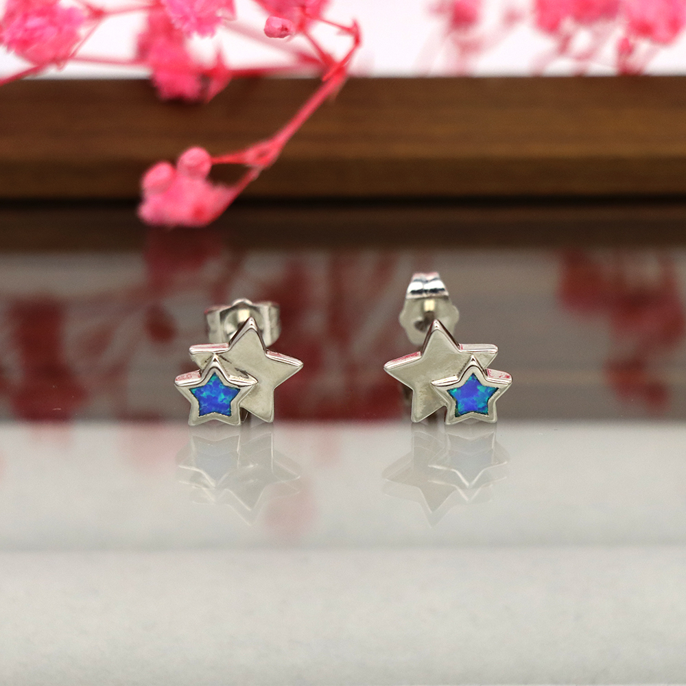 White Opal Double Star Stud Earrings in Sterling Silver – Fire Opal, Minimalist Geometric October Birthstone