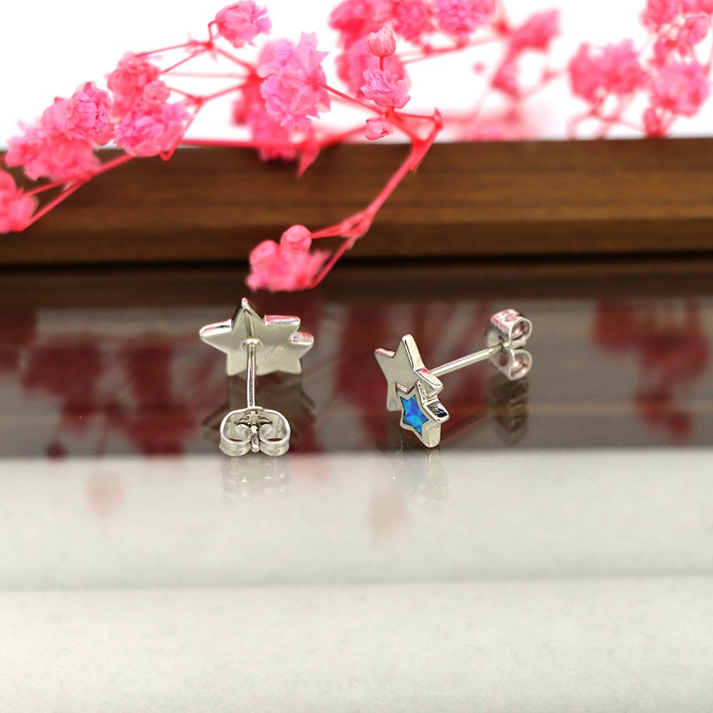 White Opal Double Star Stud Earrings in Sterling Silver – Fire Opal, Minimalist Geometric October Birthstone