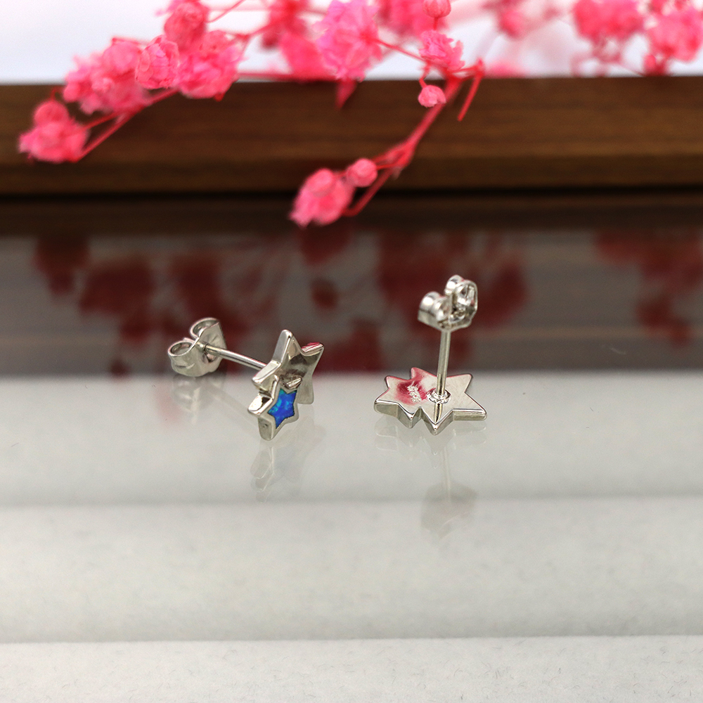 White Opal Double Star Stud Earrings in Sterling Silver – Fire Opal, Minimalist Geometric October Birthstone