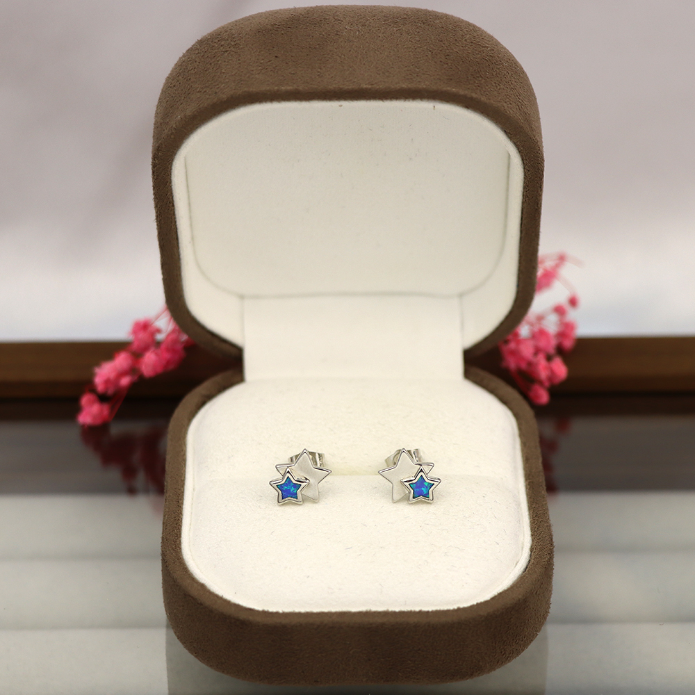 White Opal Double Star Stud Earrings in Sterling Silver – Fire Opal, Minimalist Geometric October Birthstone