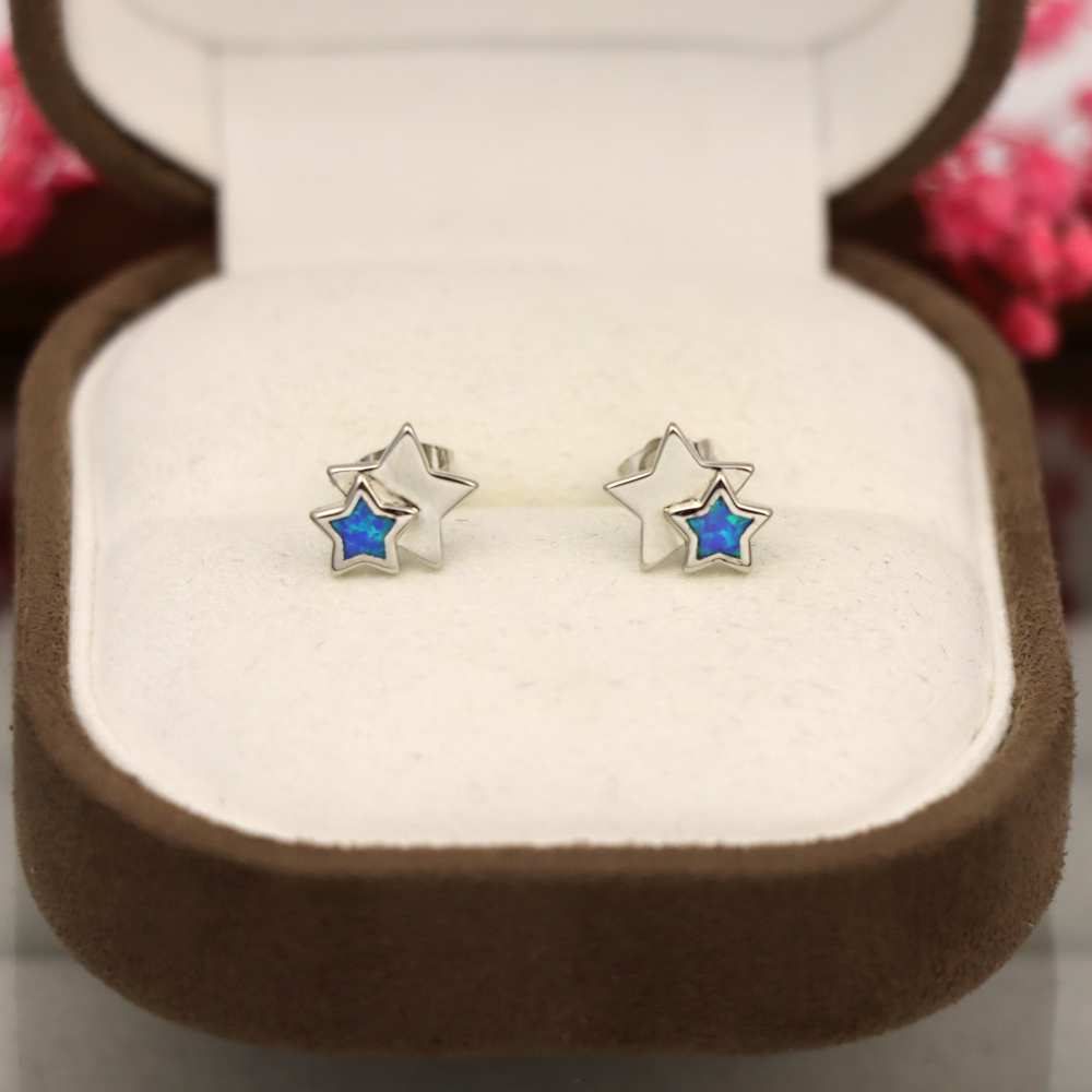 White Opal Double Star Stud Earrings in Sterling Silver – Fire Opal, Minimalist Geometric October Birthstone