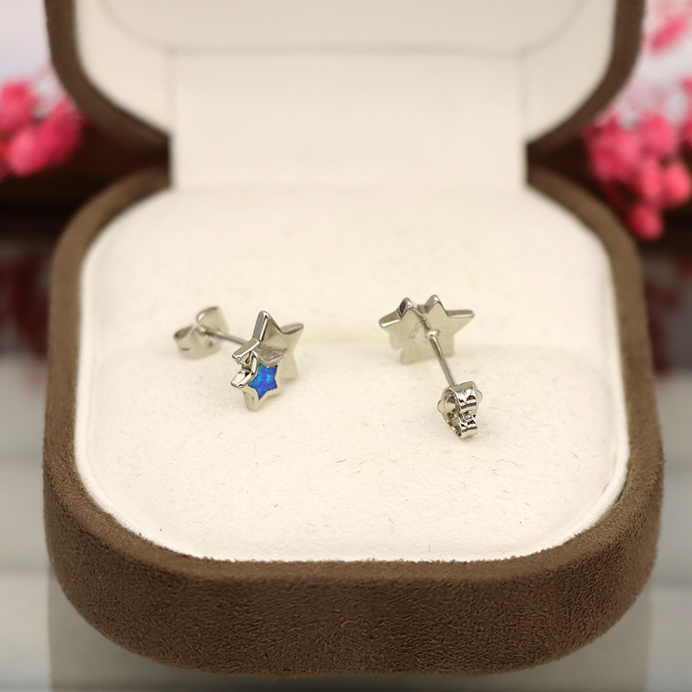 White Opal Double Star Stud Earrings in Sterling Silver – Fire Opal, Minimalist Geometric October Birthstone