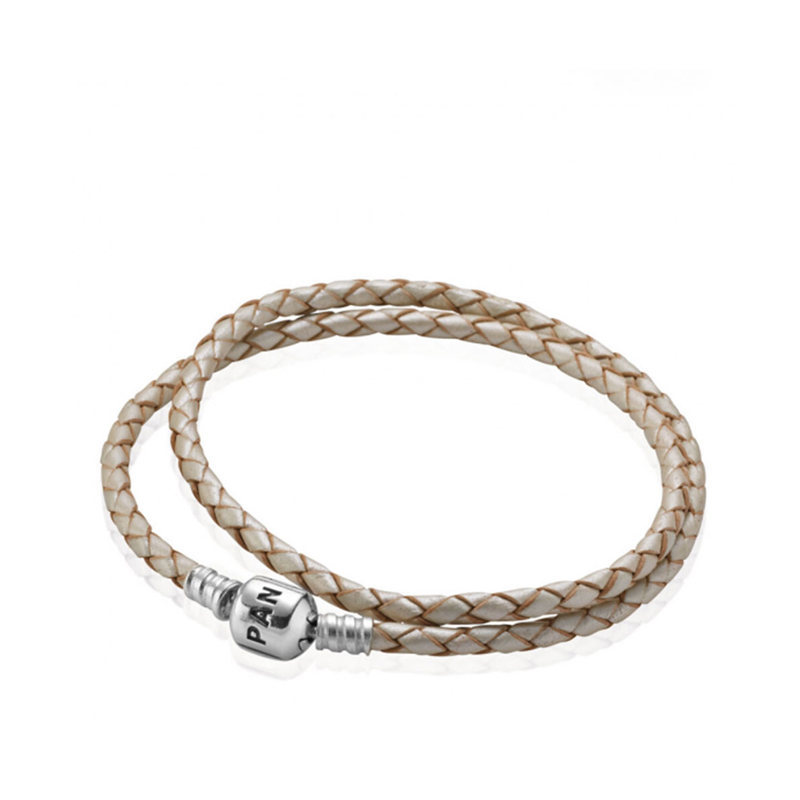 Pandora Cream Champagne Braided Leather Double Bracelet