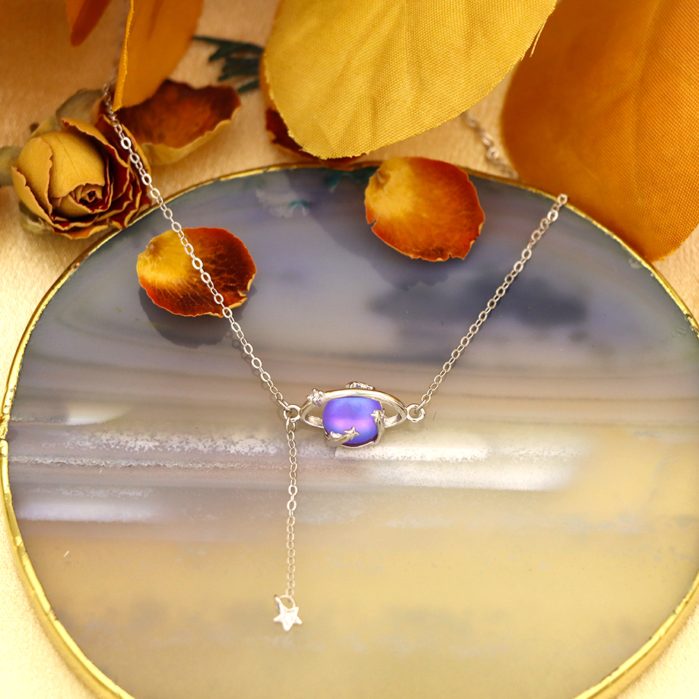Moonstone Planet 925 sterling silver necklace fringe sweater chain