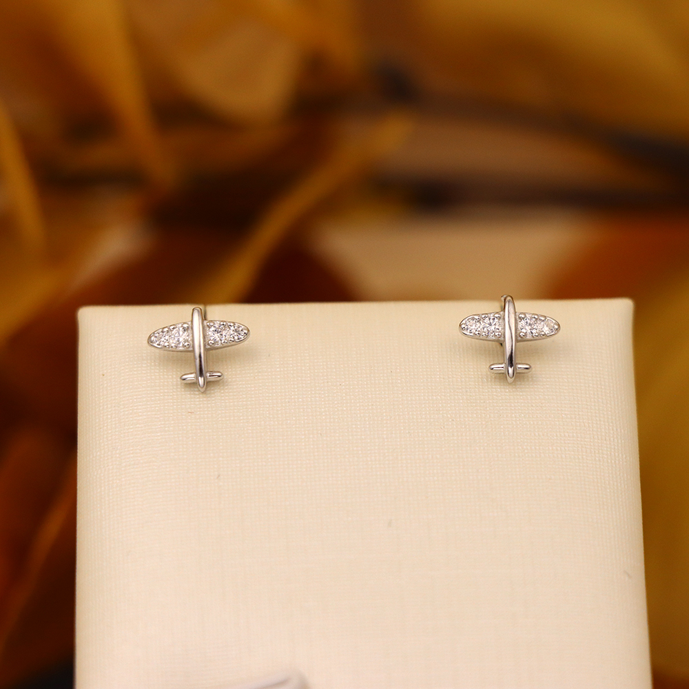 S925 Sterling Silver Diamond-Studded Airplane Stud Earrings