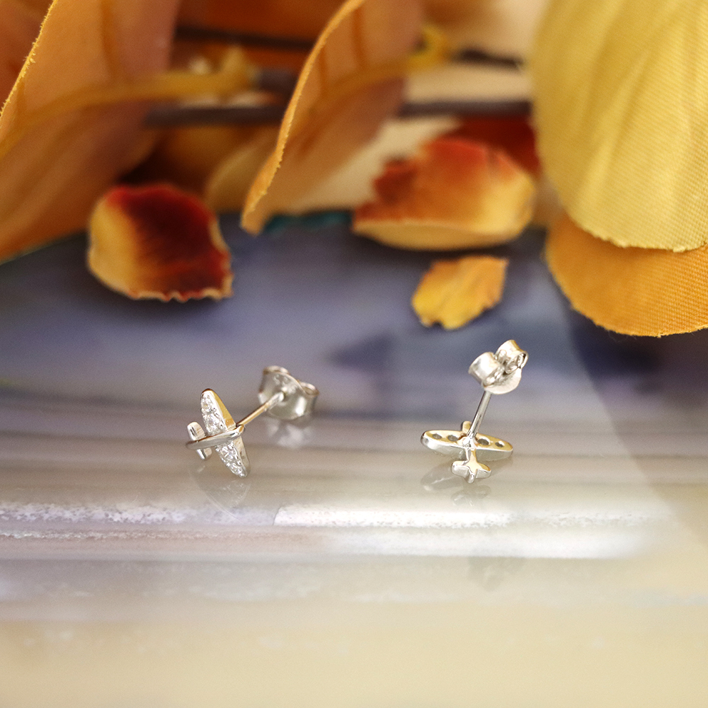 S925 Sterling Silver Diamond-Studded Airplane Stud Earrings