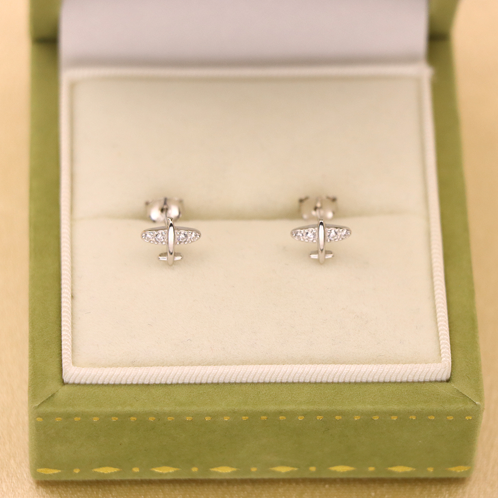 S925 Sterling Silver Diamond-Studded Airplane Stud Earrings