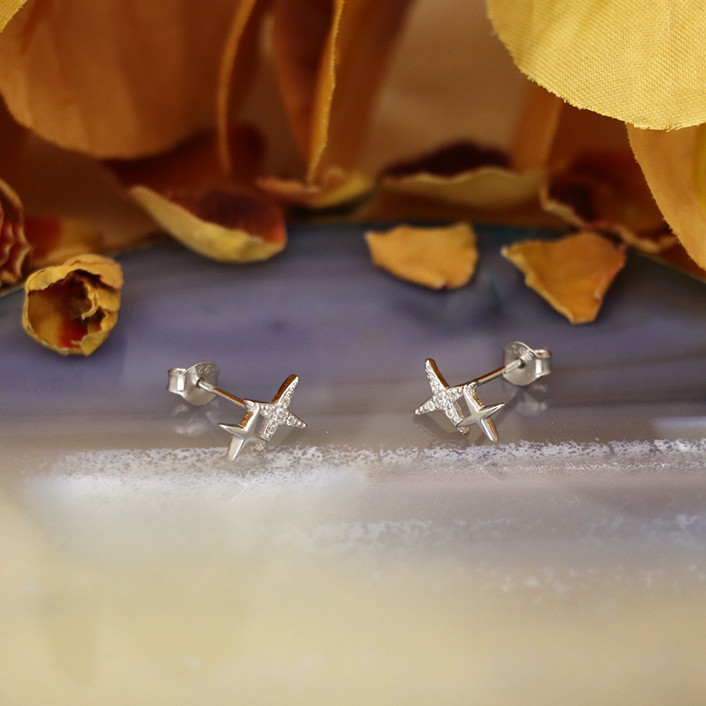 S925 Sterling Silver Square Star Stud Earrings