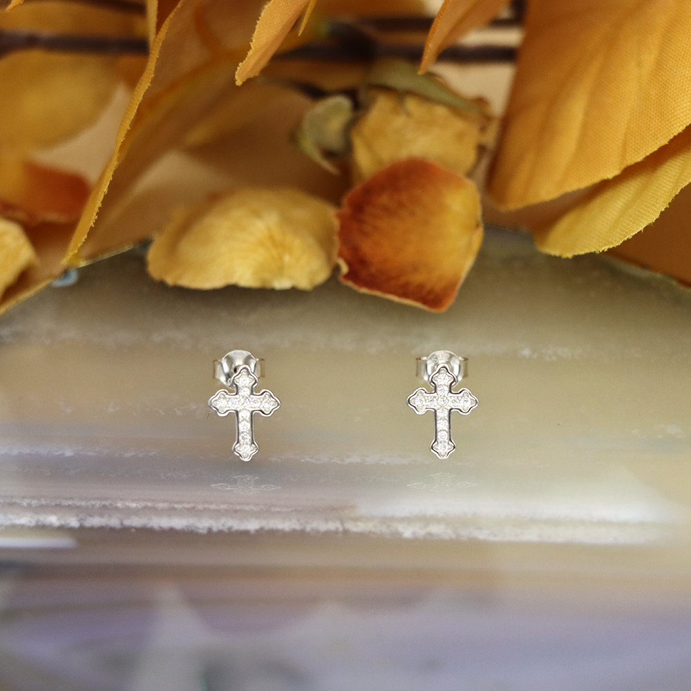 S925 Sterling Silver Cross Stud Earrings with Diamonds - Minimalist Earrings