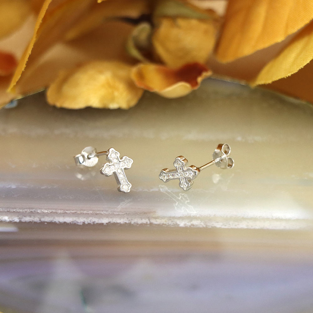S925 Sterling Silver Cross Stud Earrings with Diamonds - Minimalist Earrings