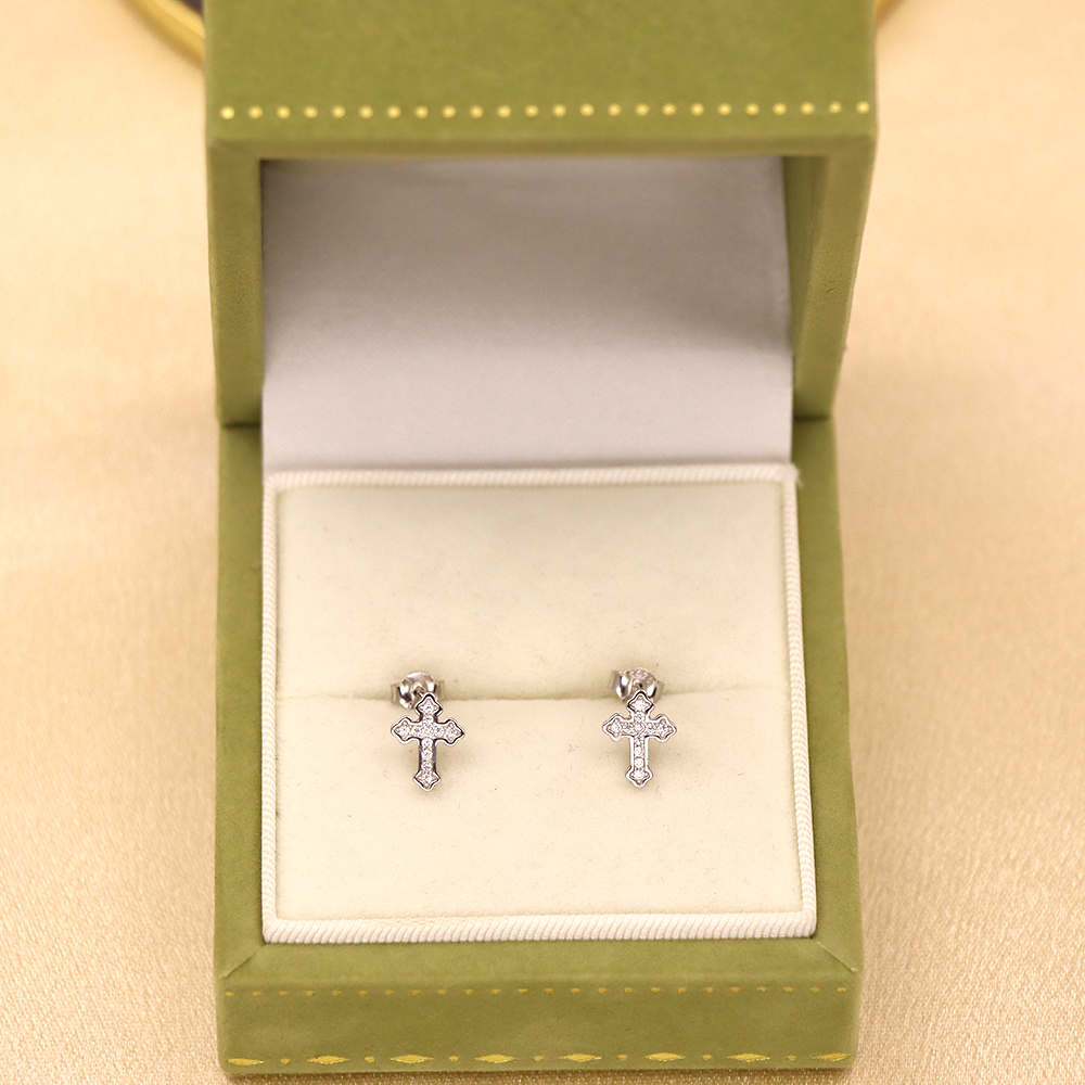 S925 Sterling Silver Cross Stud Earrings with Diamonds - Minimalist Earrings